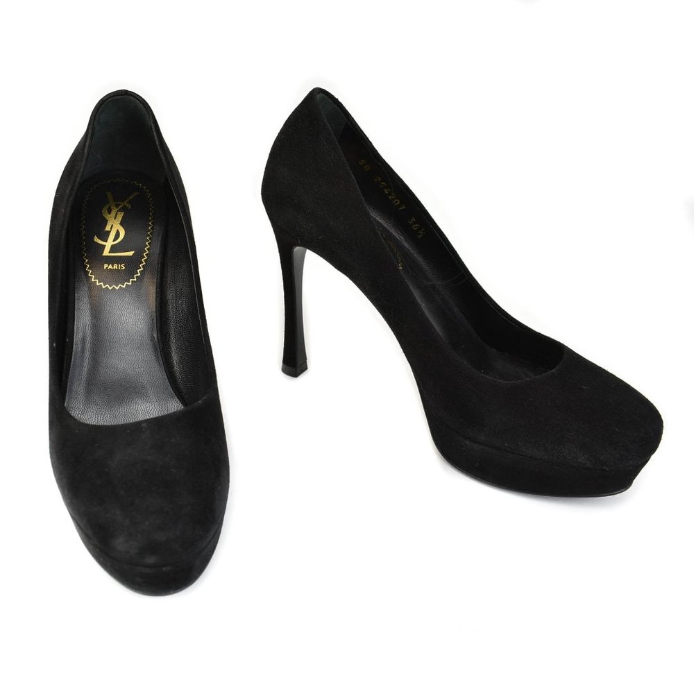 SAINT LAURENT (YSL): Black, Suede Leather Platform Heels/Pumps